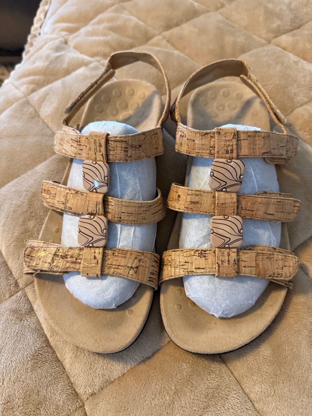 Vionic Cork-Textured Triple-Strap Sandals in Tan